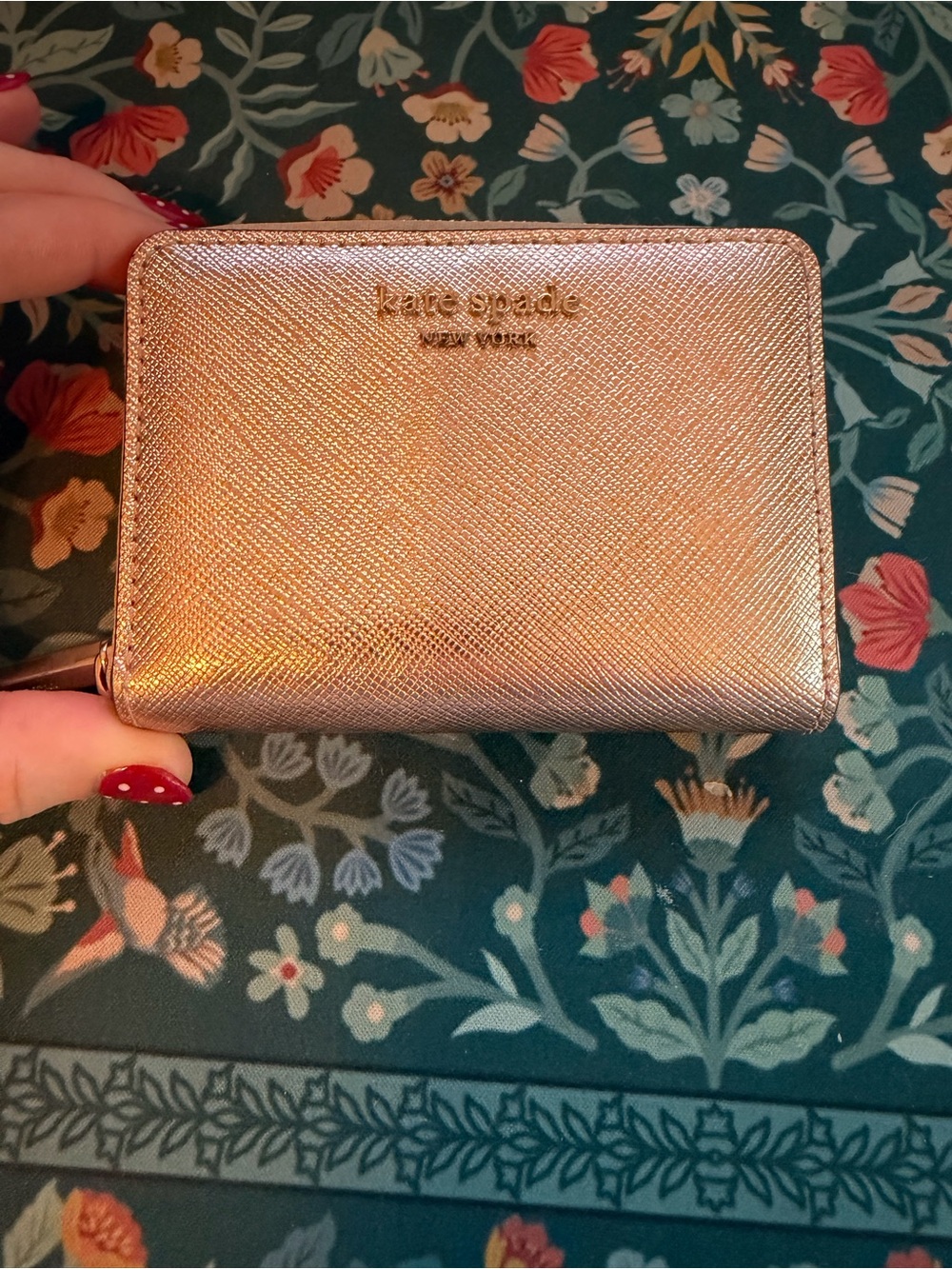 kate spade metallic rose gold zip card holder